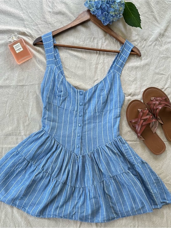 stradivarius Dresses & Skirts - Stradivarius Corset Striped Mini Linen Cotton Blend Coastal Dress